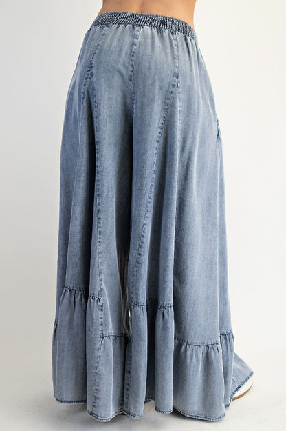 Easel Ruffle Bottom Hem Washed Denim Palazzo Pants