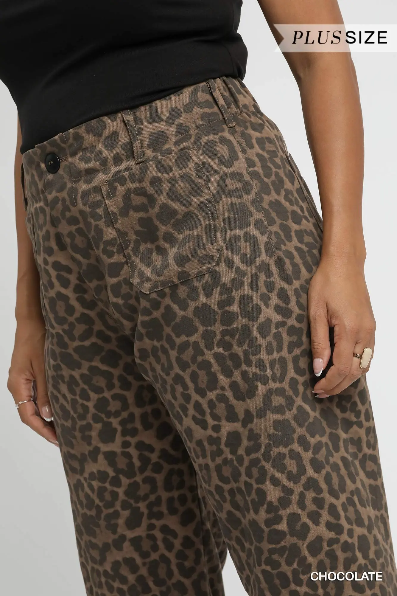 Umgee Plus Size Chocolate Animal Print Non- Stretch Wide Leg Pants