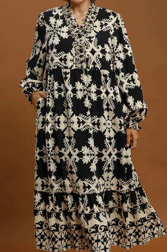 Umgee Plus Size Black Mix Border Print Ruffle Maxi Dress