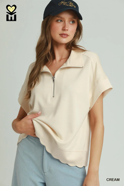 Umgee Cream SELECT LUXEKNIT Half Zip Pullover with Scalloped Edge Hem