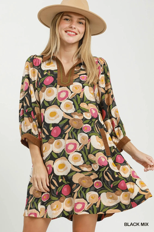 Umgee Black Mix Floral Contrast Trim Shift Mini Dress