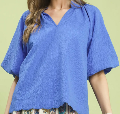 Umgee Ocean Blue Bubbled Sleeved Seersucker Top
