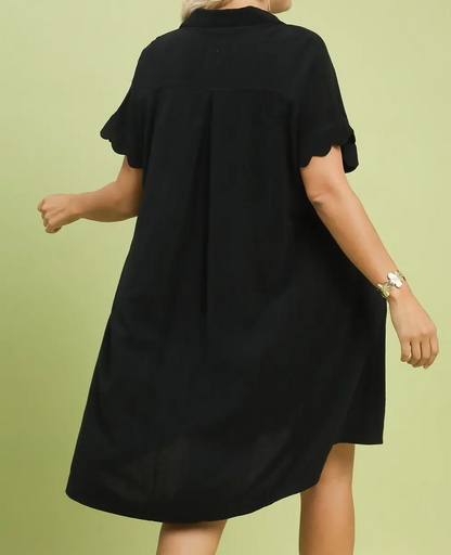 Umgee Plus Size Black Linen Scallop Sleeve Button-Down Dress
