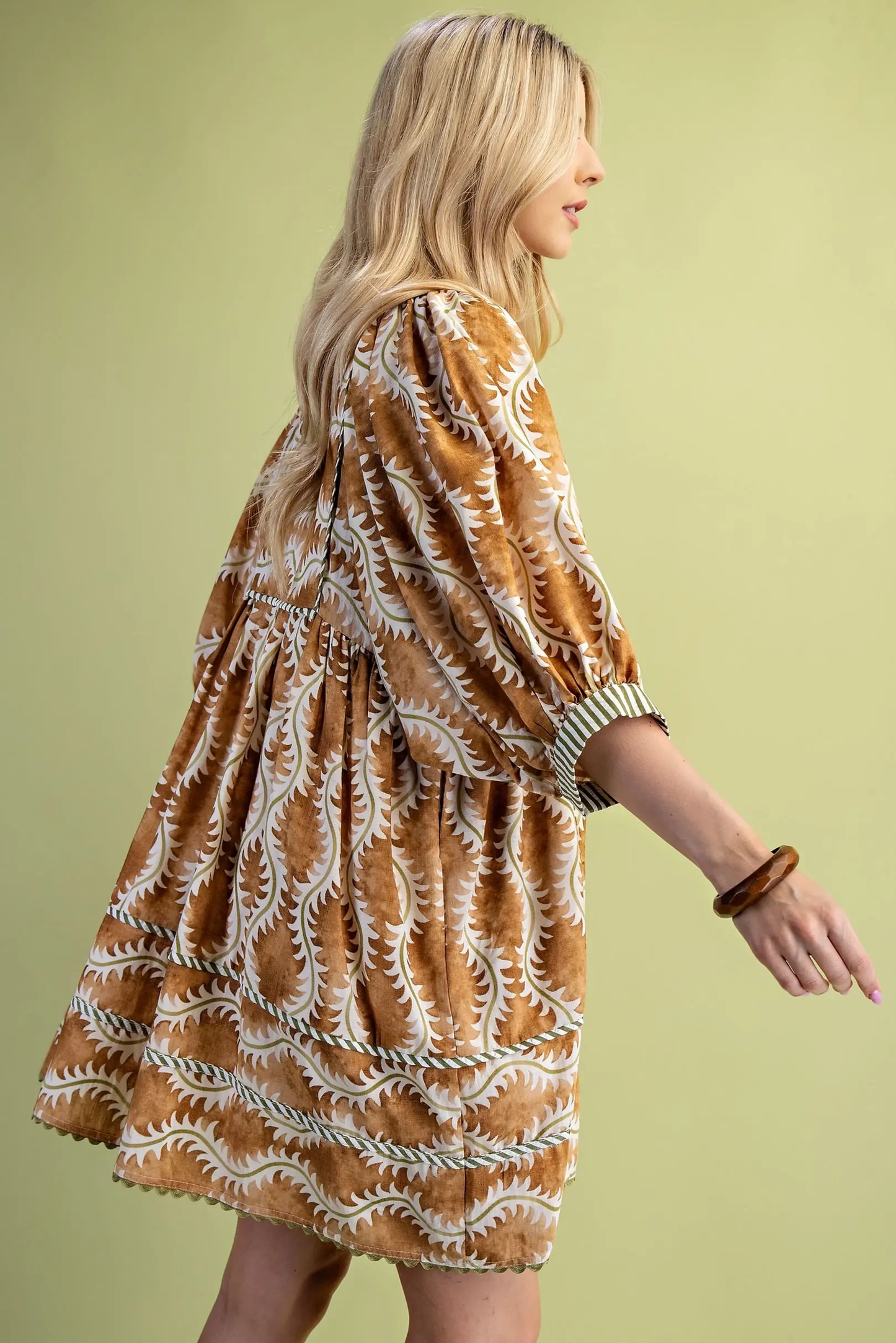 Gigio Printed V-Neck Mini Dress with Striped Binding and Ric-Rac Trim Details