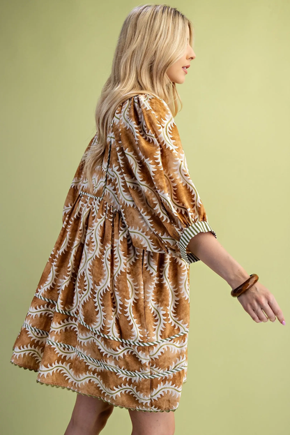 Gigio Printed V-Neck Mini Dress with Striped Binding and Ric-Rac Trim Details