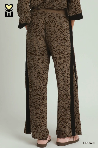 Umgee. Brown Leopard Velvet Blend Wide Leg Pants