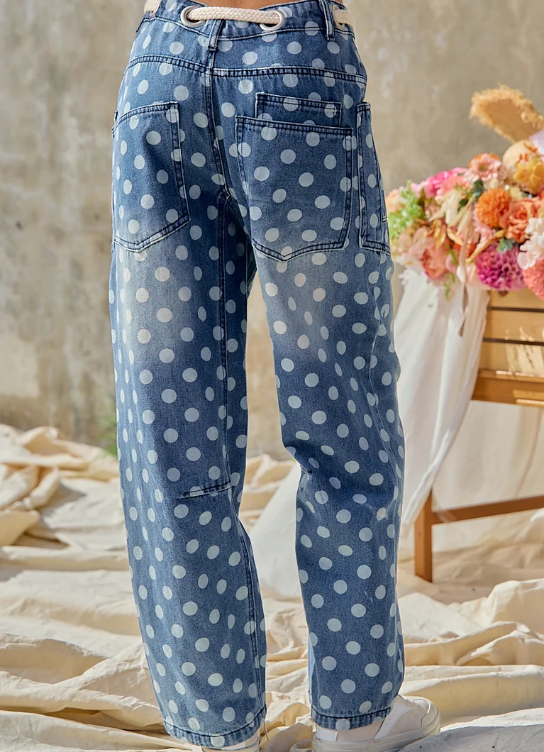 Bibi POLKA DOT PRINTED DENIM PANTS WITH WAIST BELT