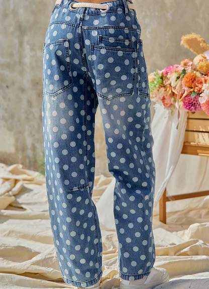 Bibi POLKA DOT PRINTED DENIM PANTS WITH WAIST BELT