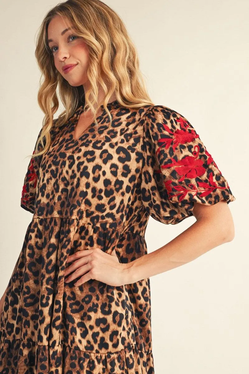 Jodifl Animal Print Tiered Dress with Embroidered Puff Sleeves