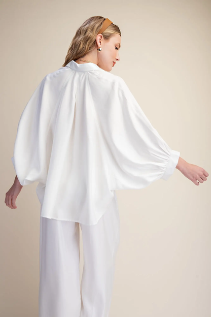 Glam White Metallic Oversized Button Down Long Sleeve Shirt Blouse