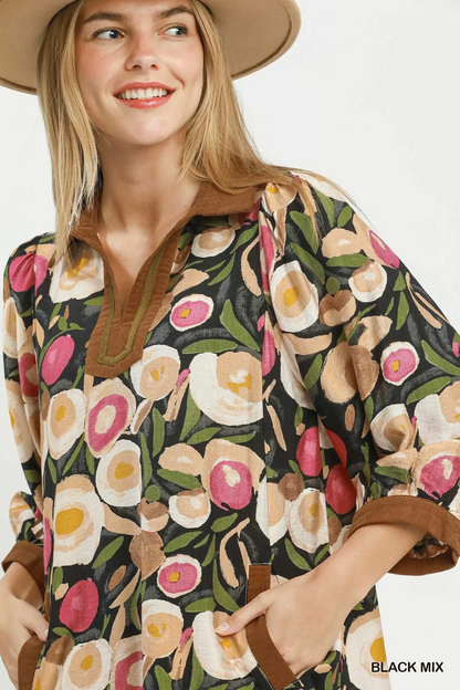 Umgee Black Mix Floral Contrast Trim Shift Mini Dress
