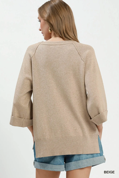 Umgee Beige Crewneck Pullover Sweater Knit Top