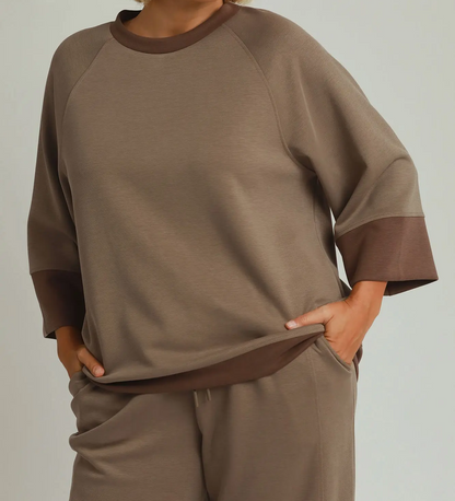 Umgee Plus Size Coco Brown CLOUDKNIT Modal & Tencel 3/4 Raglan Sleeve Colorblock Crewneck Top