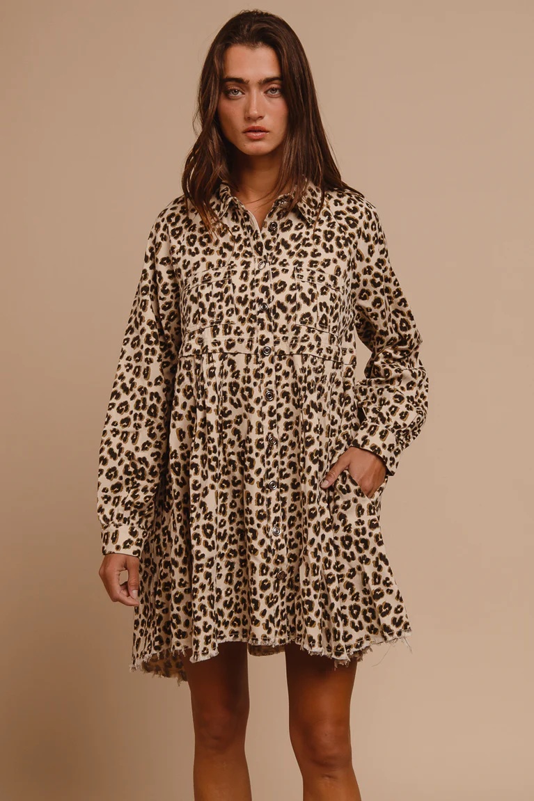 Bibi Animal Print Washed Denim Button Down Dress