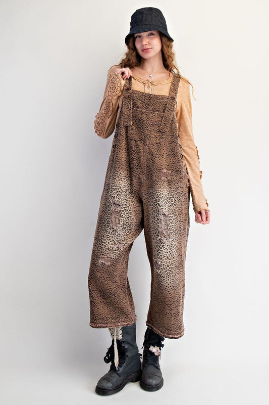 Easel Mocha Brown Animal Printed Washed Denim Overalls