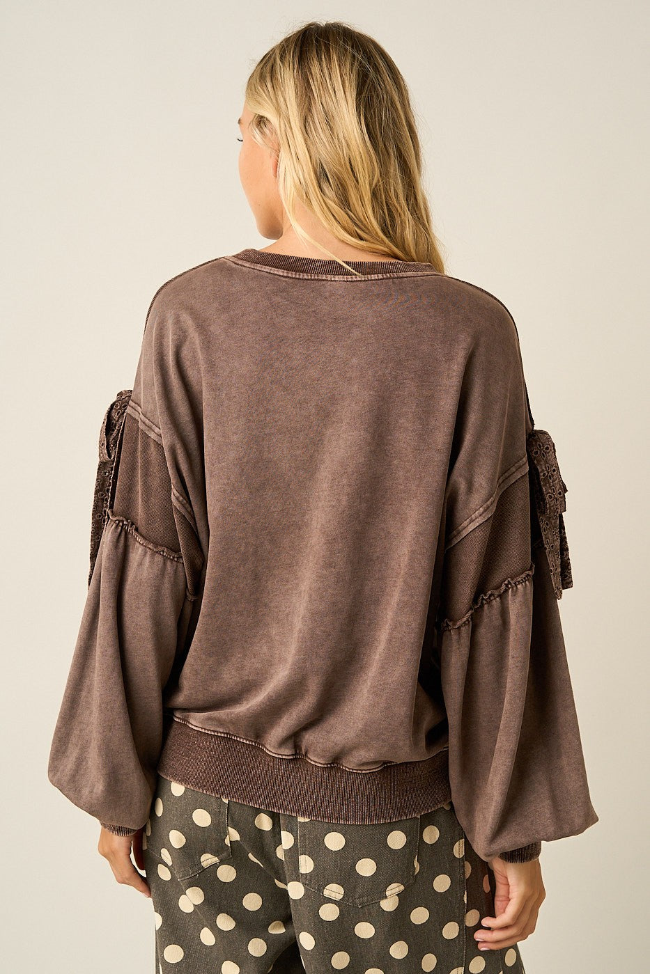 Mittoshop Brown Bow Applique Washed Balloon Sleeve Sweatshirt