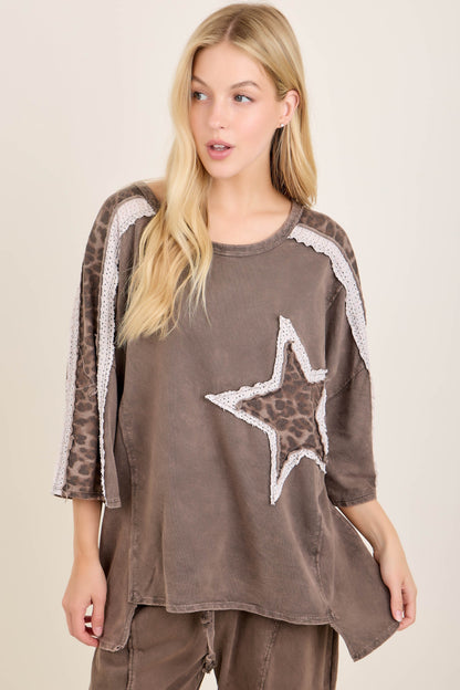 J. Her Ash Oak Mineral Washed Leopard Lace Star Patched 3 Quarters Top