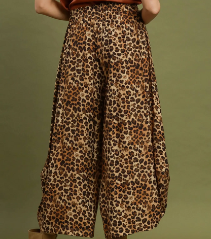 Umgee Leopard Print Bubble Hem Wide Leg Pants
