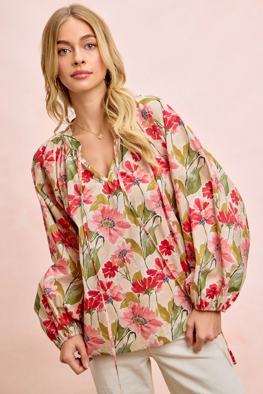 BIBI Floral Print Exaggerated Balloon Sleeve Top