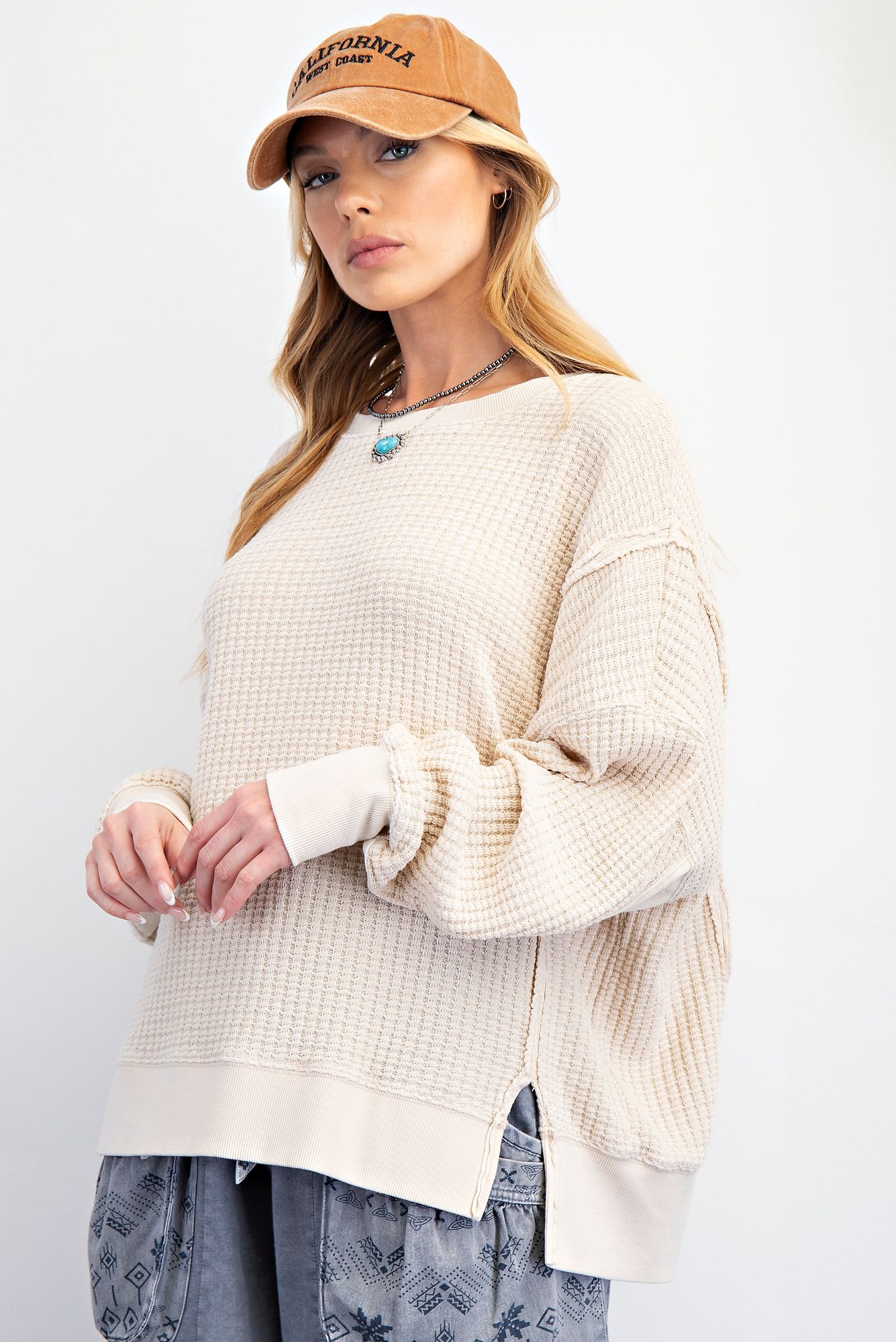 Easel Oatmeal Mineral Washed Thermal Pullover
