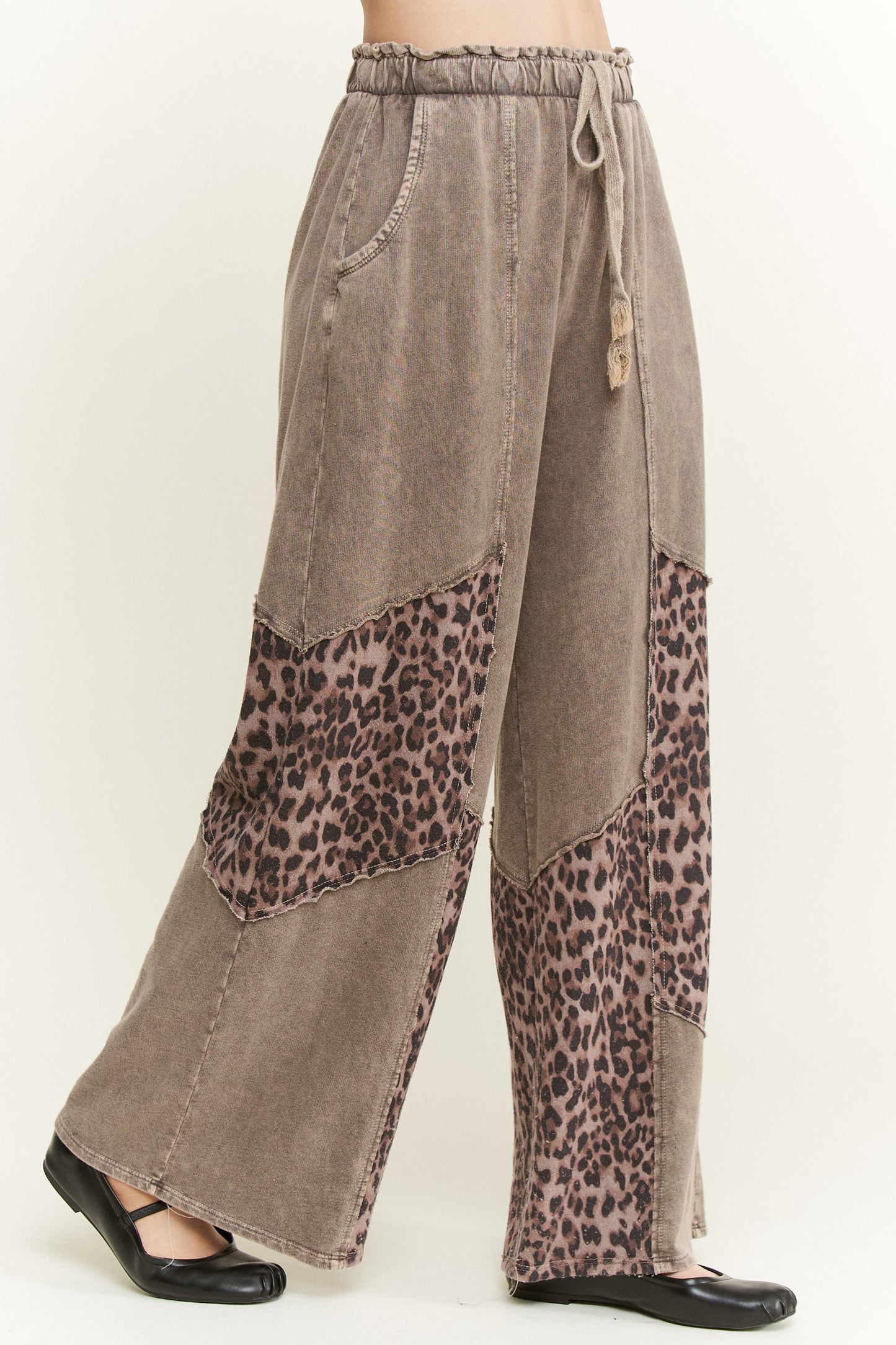 J. Her Ashed Oak Mineral Washed Leopard Animal Patchwork Pants