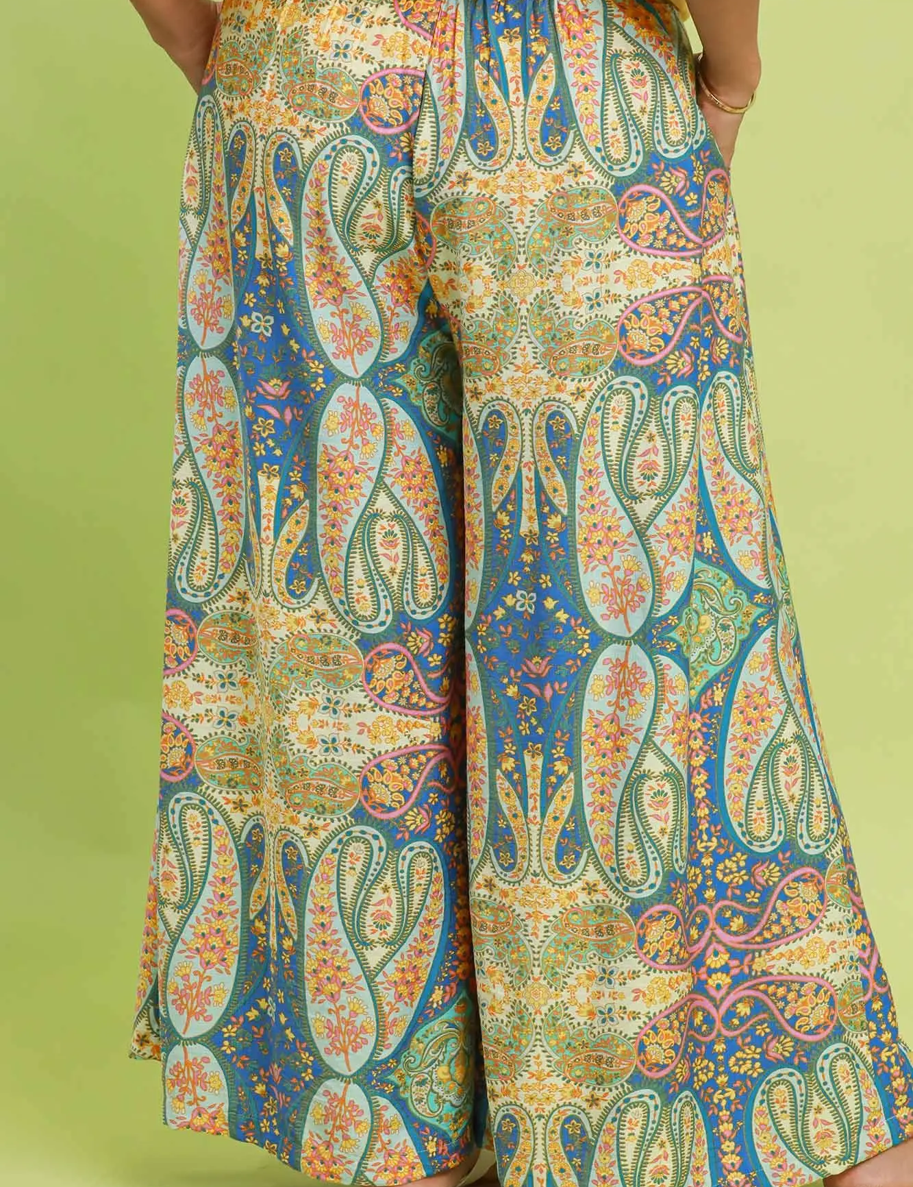Umgee Blue Mix Printed Pull On Wide Leg Pants