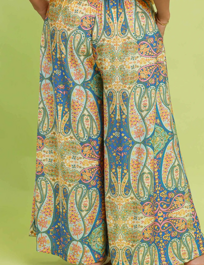 Umgee Blue Mix Printed Pull On Wide Leg Pants