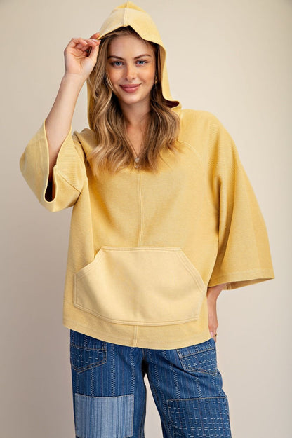 Easel Dijon  TEXTURED KNIT WASHED HOODED PULLOVER