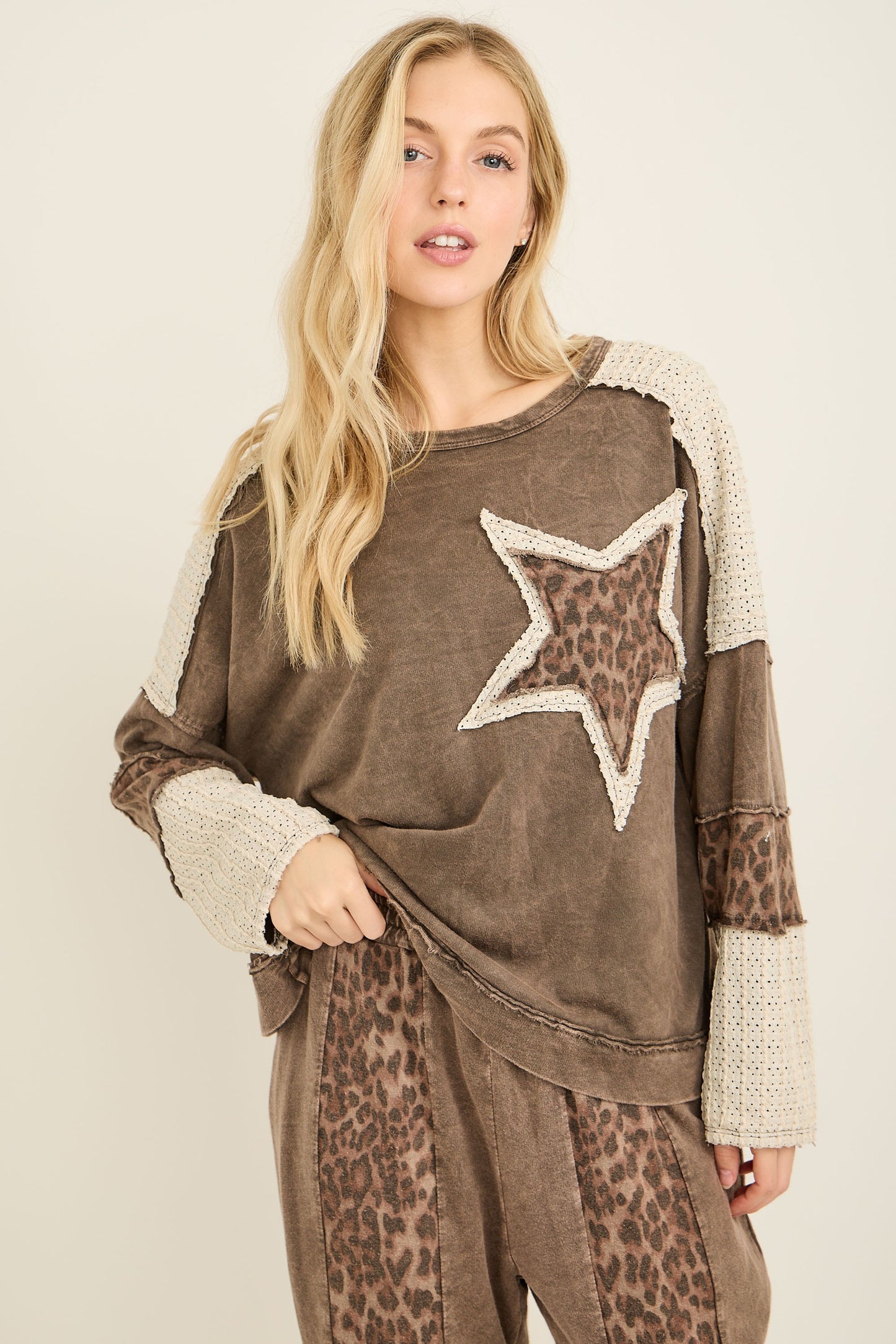 J. Her Mineral Washed Leopard Cheetah Star Patched Top