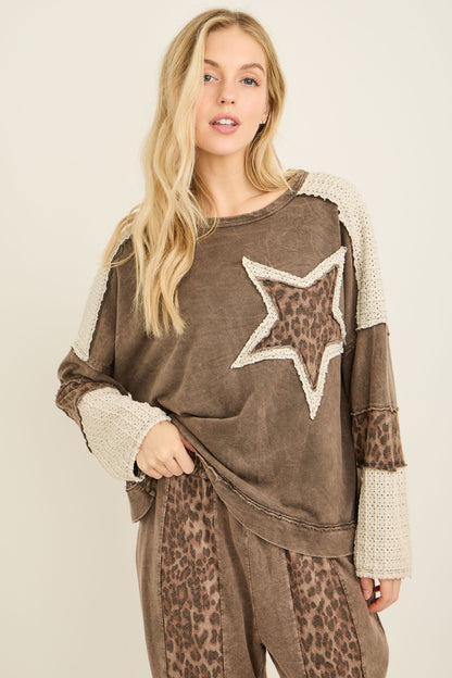 J. Her Mineral Washed Leopard Cheetah Star Patched Top