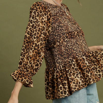 Umgee Leopard Print Smocked Tiered Peplum Blouse