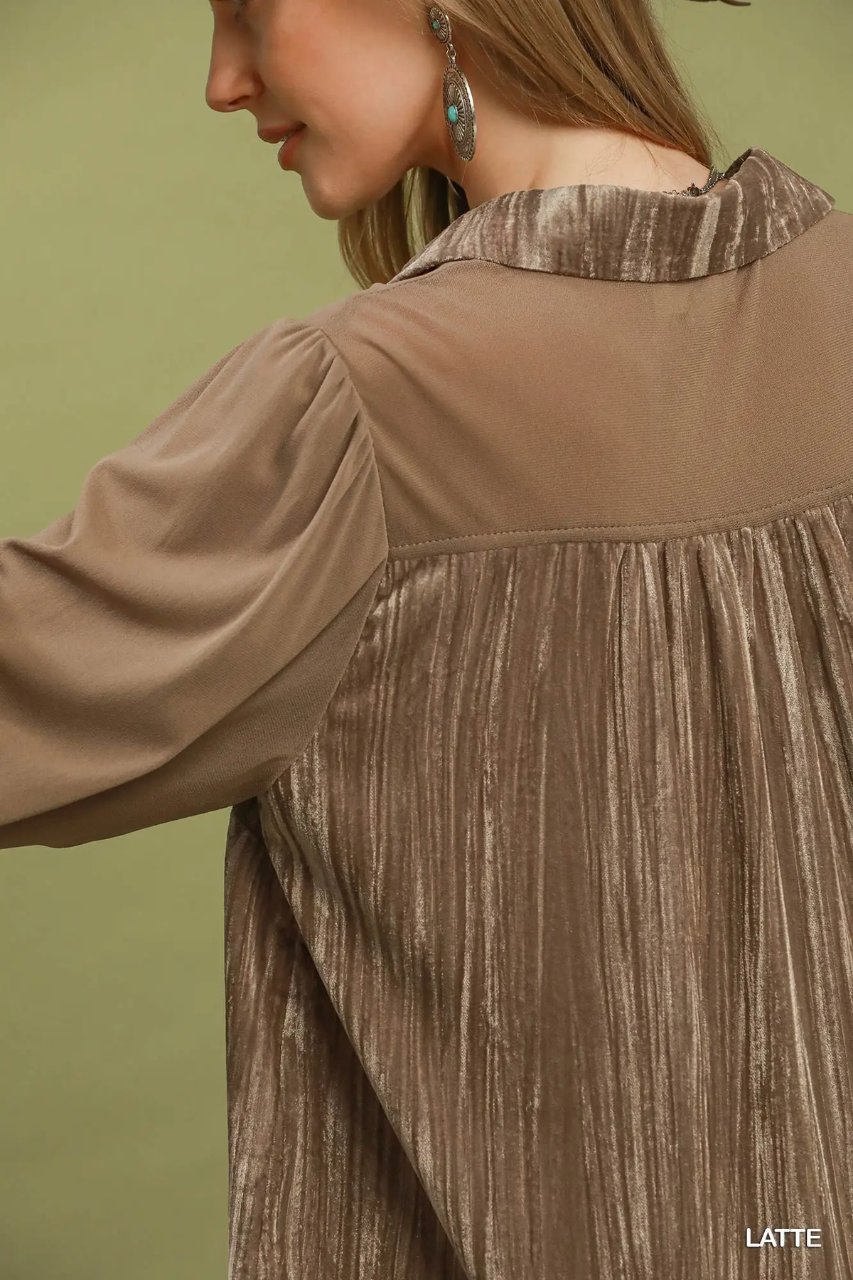 Umgee Latte Velvet Lace Detail Mixed Fabric Blouse