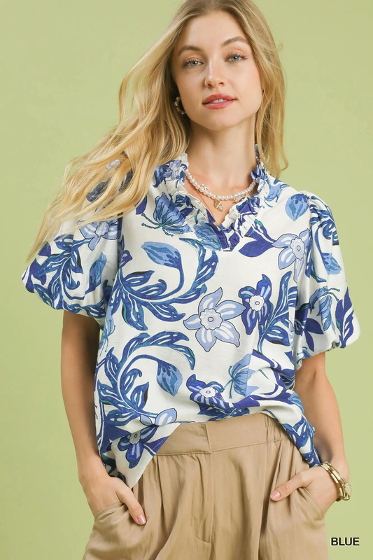 Umgee Blue Lush Blossom Print Top
