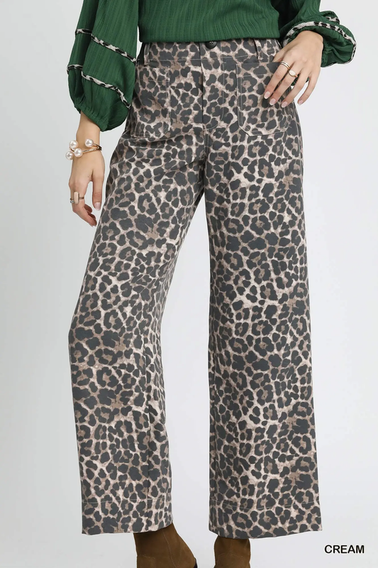 Umgee Cream Animal Print Non- Stretch Wide Leg Pants