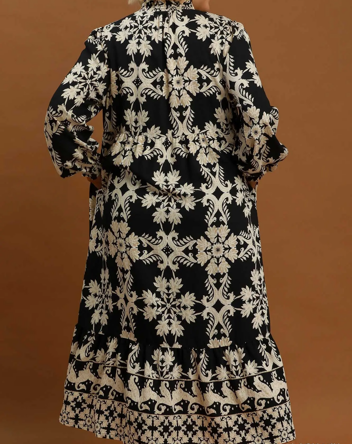 Umgee Plus Size Black Mix Border Print Ruffle Maxi Dress