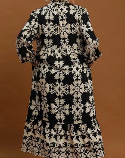 Umgee Plus Size Black Mix Border Print Ruffle Maxi Dress
