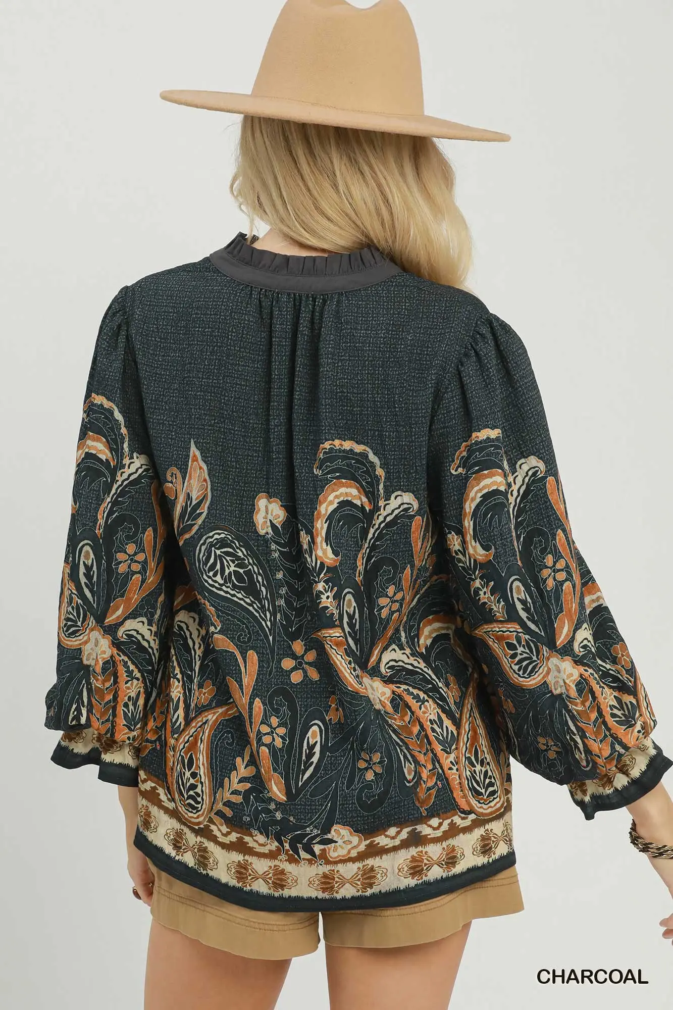 Umgee Charcoal Paisley Border Print Boho Blouse