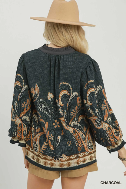 Umgee Charcoal Paisley Border Print Boho Blouse