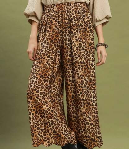 Umgee Latte Brown Leopard Print Scallop Hem Wide Leg Pants