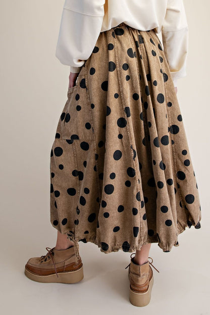 EASEL MOCHA POLKA DOTS PRINT WASHED WOVEN SKIRT