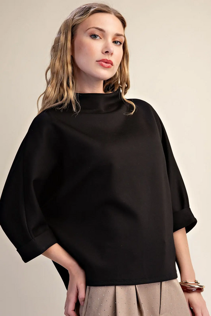 Glam Black Mock-Neck 3/4 Sleeve Everyday Top