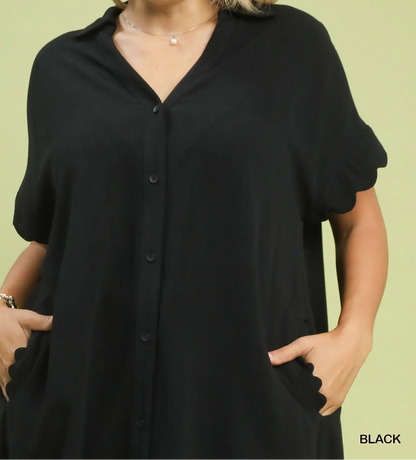 Umgee Plus Size Black Linen Scallop Sleeve Button-Down Dress