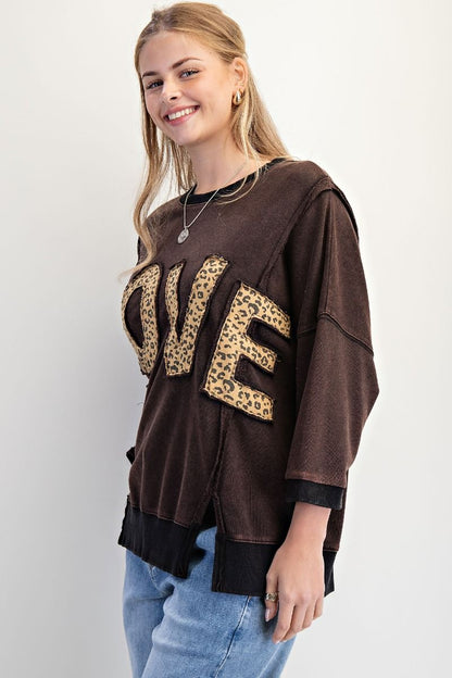 Easel Plus Size Love Patch Front Washed Terry Pullover