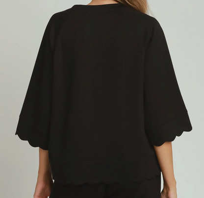 Umgee Black LUXEKNIT Raglan Sleeve Top With Scallop Detail