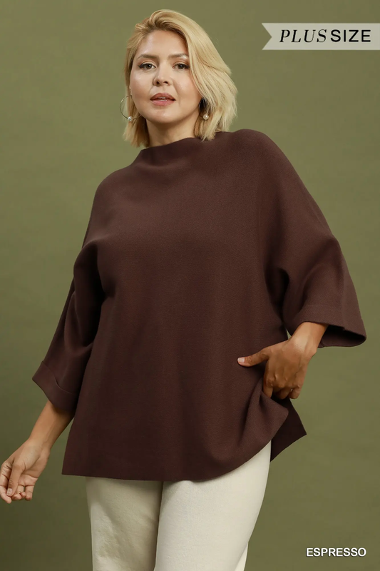 Umgee Plus Size Espresso Mock Neck Dolman Sleeve Sweater Top