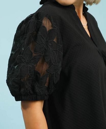 Umgee Plus Size Black Textured Blouse with Lace Contrast Sleeves
