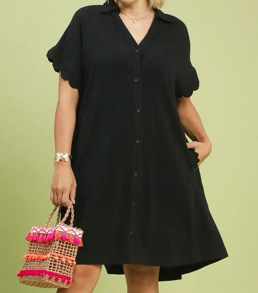Umgee Plus Size Black Linen Scallop Sleeve Button-Down Dress