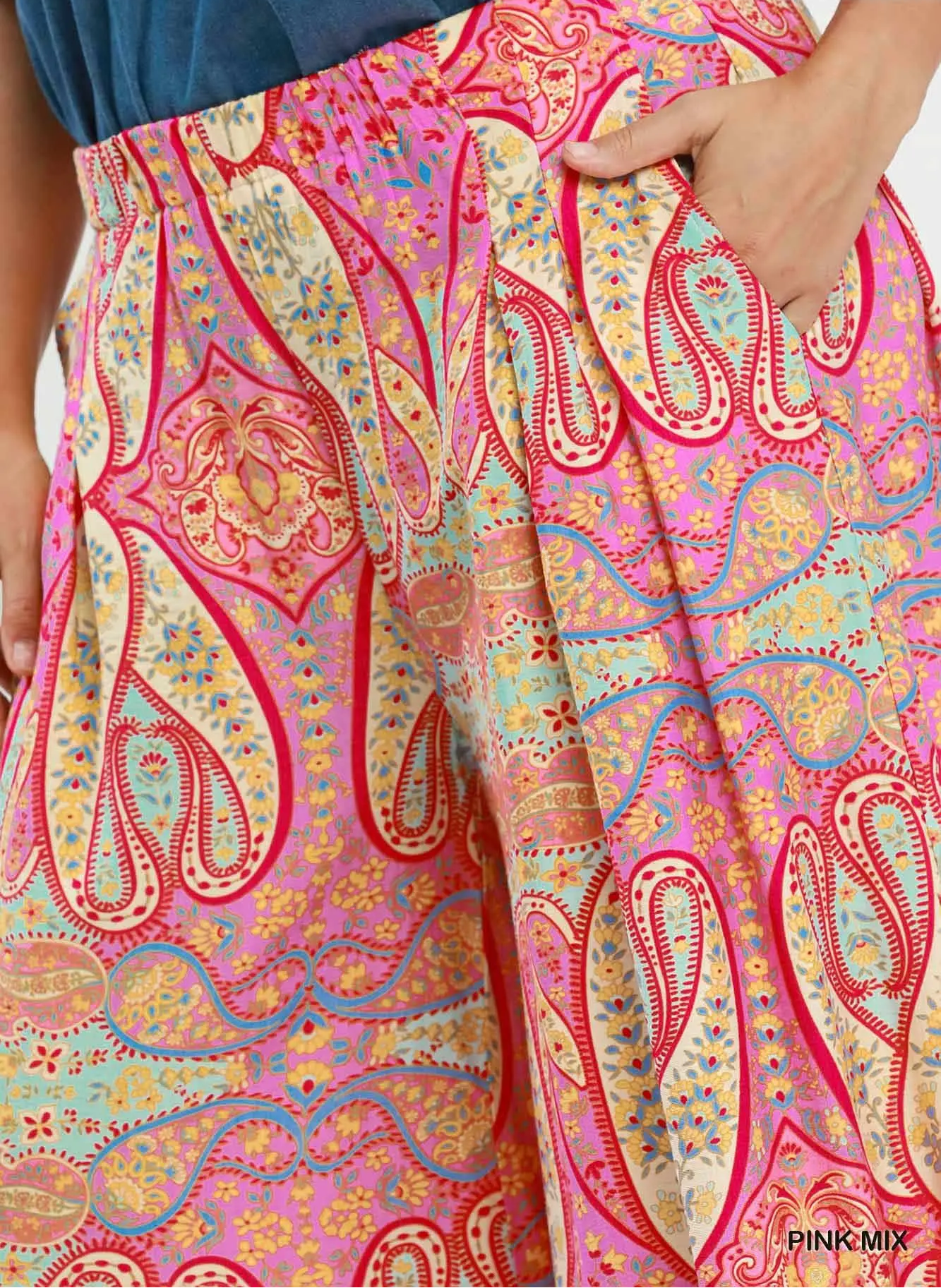 Umgee Pink Mix Printed Pull On Wide Leg Pants