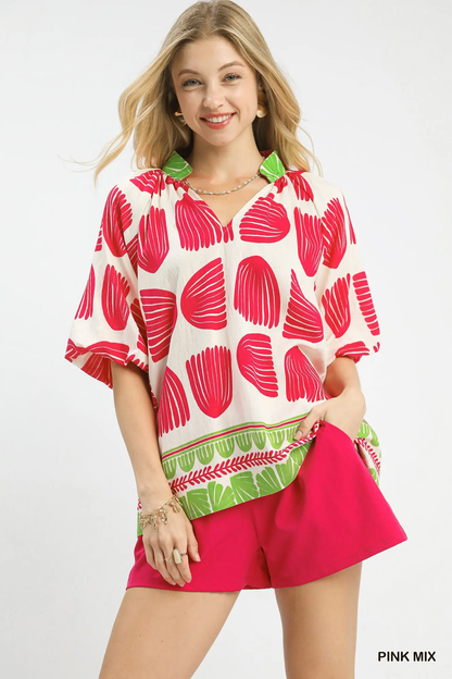 Umgee Pink Shell Block Boarder Print V-Neck Blouse