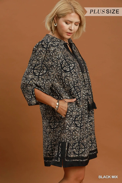 Umgee Plus Size Black Mix Geometric Print V-Neck Tassel Detail Tunic Dress